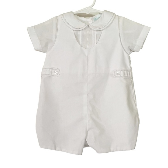 Petit Ami baby baptism christening white short sleeve romper w/ Peter Pan collar - Picture 1 of 7